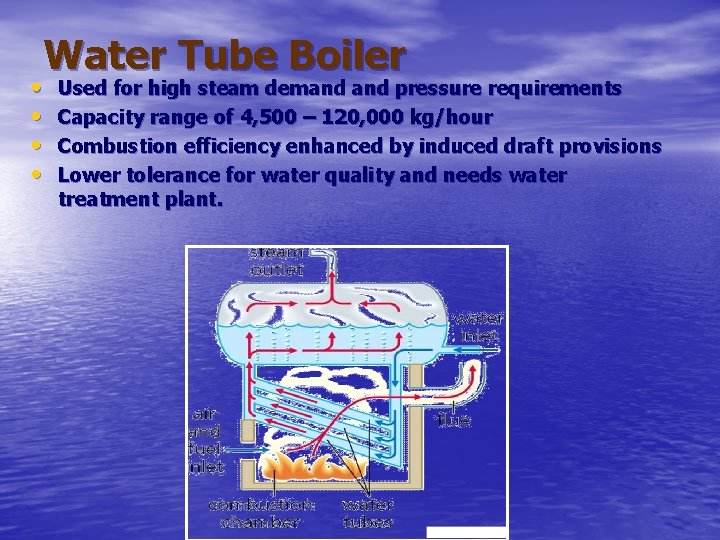 Water Tube Boiler • • Used for high steam demand pressure requirements Capacity range