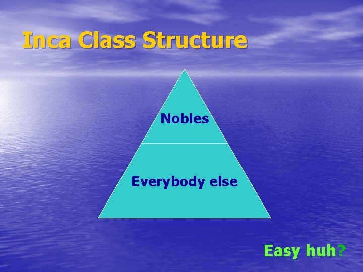 Inca Class Structure Nobles Everybody else Easy huh? 