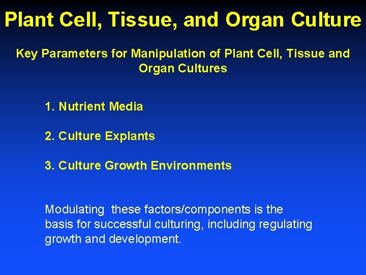 Plant Cell, Tissue, and Organ Culture Key Parameters for Manipulation of Plant Cell, Tissue