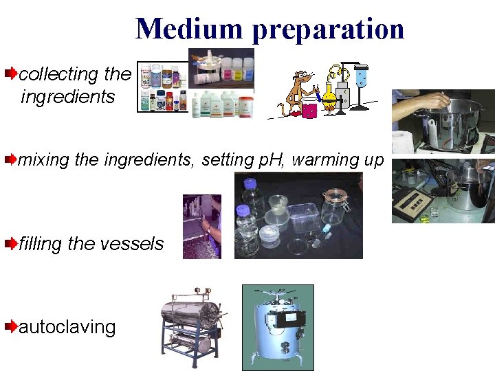 Medium preparation collecting the ingredients mixing the ingredients, setting p. H, warming up filling