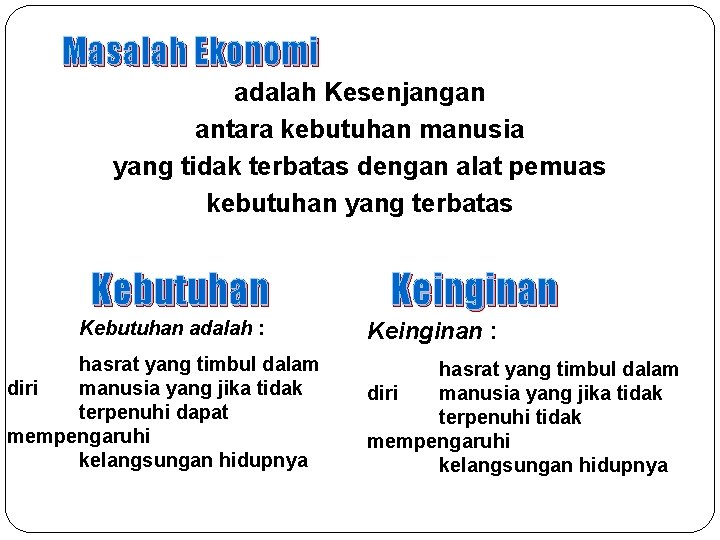 Masalah Ekonomi adalah Kesenjangan antara kebutuhan manusia yang tidak terbatas dengan alat pemuas kebutuhan