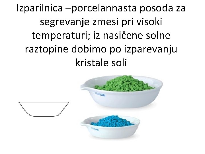 Izparilnica –porcelannasta posoda za segrevanje zmesi pri visoki temperaturi; iz nasičene solne raztopine dobimo