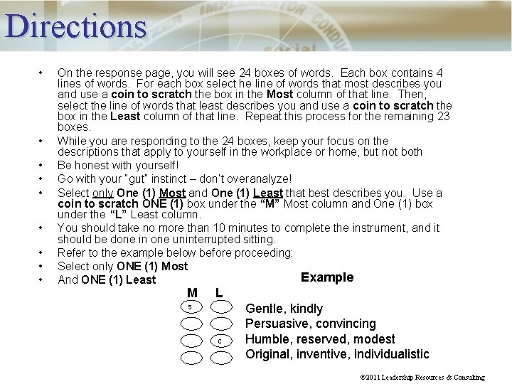 Directions • • • On the response page, you will see 24 boxes of
