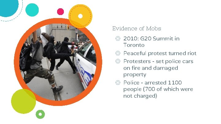 Evidence of Mobs ◎ 2010: G 20 Summit in Toronto ◎ Peaceful protest turned