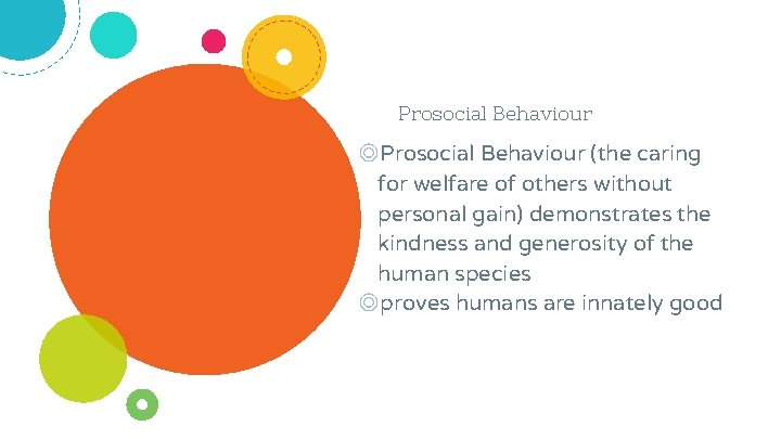Prosocial Behaviour ◎Prosocial Behaviour (the caring for welfare of others without personal gain) demonstrates