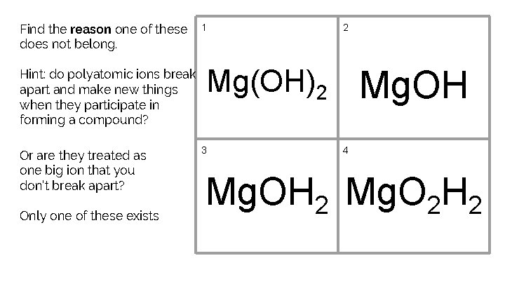 Find the reason one of these does not belong. 1 Mg(OH)2 Hint: do polyatomic