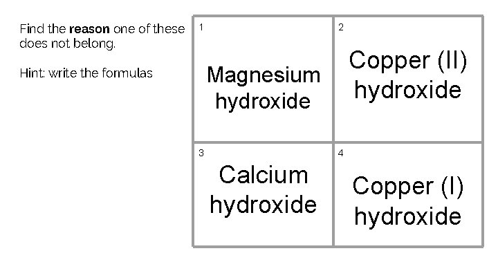 Find the reason one of these does not belong. 1 2 Copper (II) hydroxide