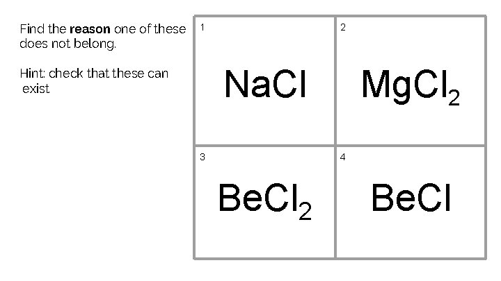 Find the reason one of these does not belong. 1 2 Na. Cl Hint: