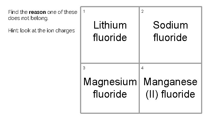 Find the reason one of these does not belong. 1 2 Lithium fluoride Hint: