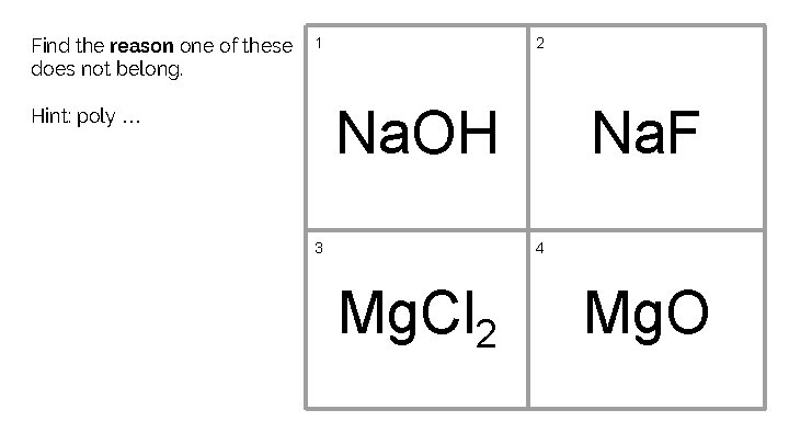 Find the reason one of these does not belong. 1 2 Na. OH Hint: