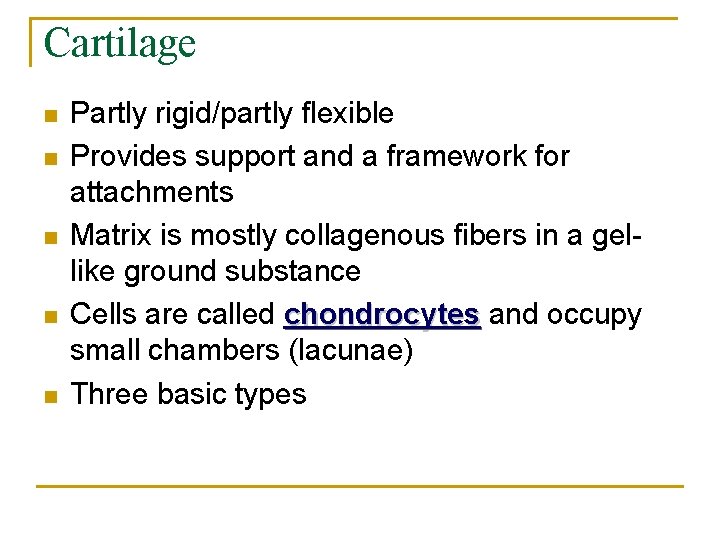 Cartilage n n n Partly rigid/partly flexible Provides support and a framework for attachments