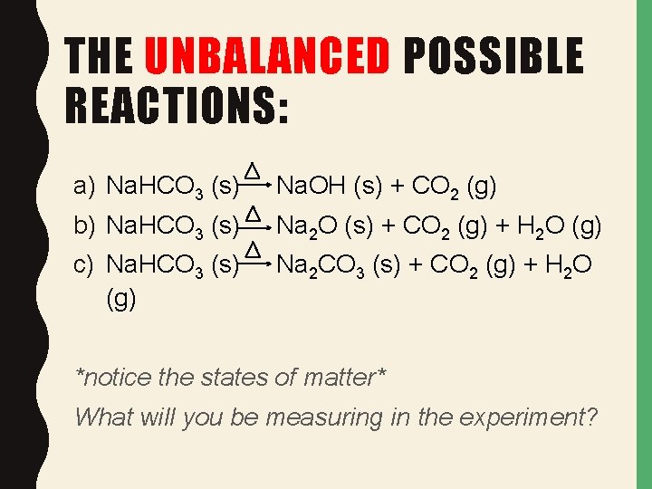 THE UNBALANCED POSSIBLE REACTIONS: a) Na. HCO 3 (s) Na. OH (s) + CO