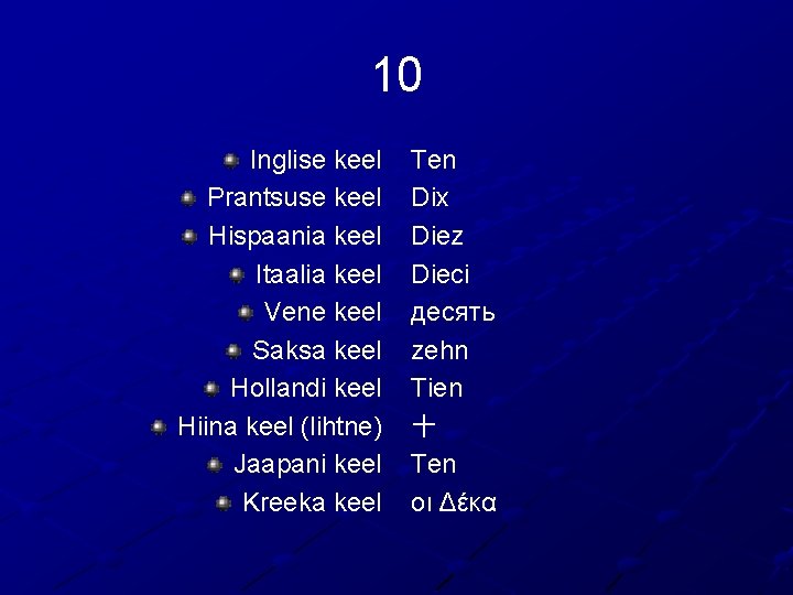 10 Inglise keel Prantsuse keel Hispaania keel Itaalia keel Vene keel Saksa keel Hollandi