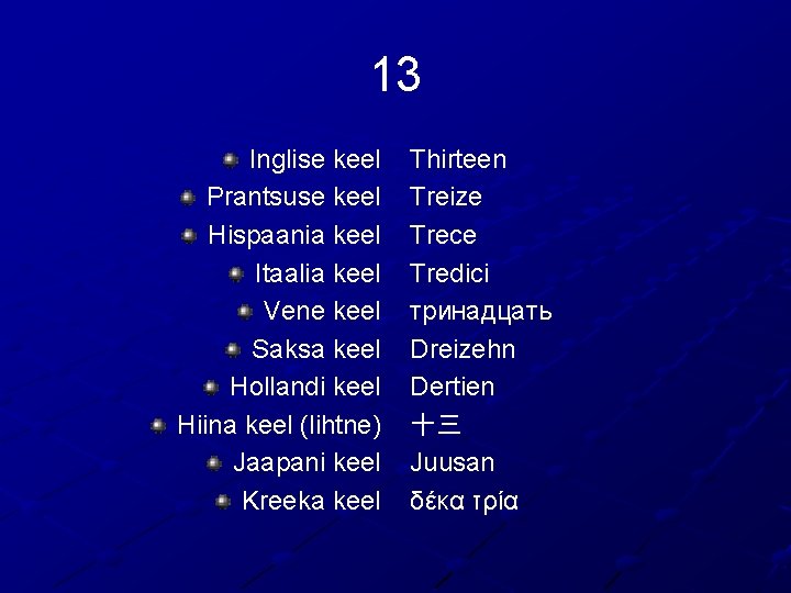 13 Inglise keel Prantsuse keel Hispaania keel Itaalia keel Vene keel Saksa keel Hollandi