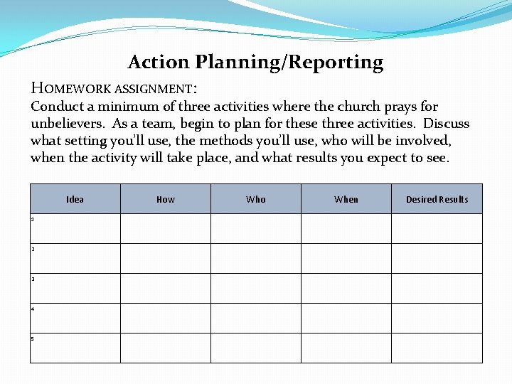 Action Planning/Reporting HOMEWORK ASSIGNMENT: Conduct a minimum of three activities where the church prays