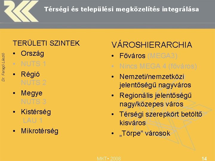 Dr. Faragó László Térségi és települési megközelítés integrálása TERÜLETI SZINTEK • Ország • NUTS