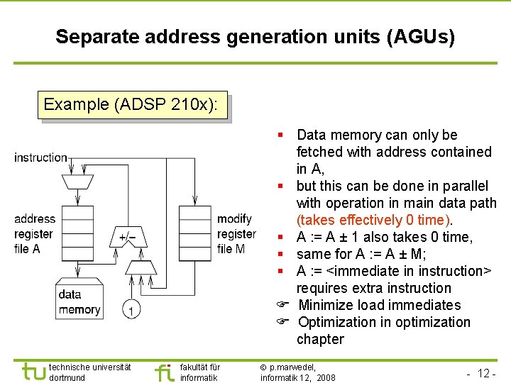 TU Dortmund Separate address generation units (AGUs) Example (ADSP 210 x): § Data memory