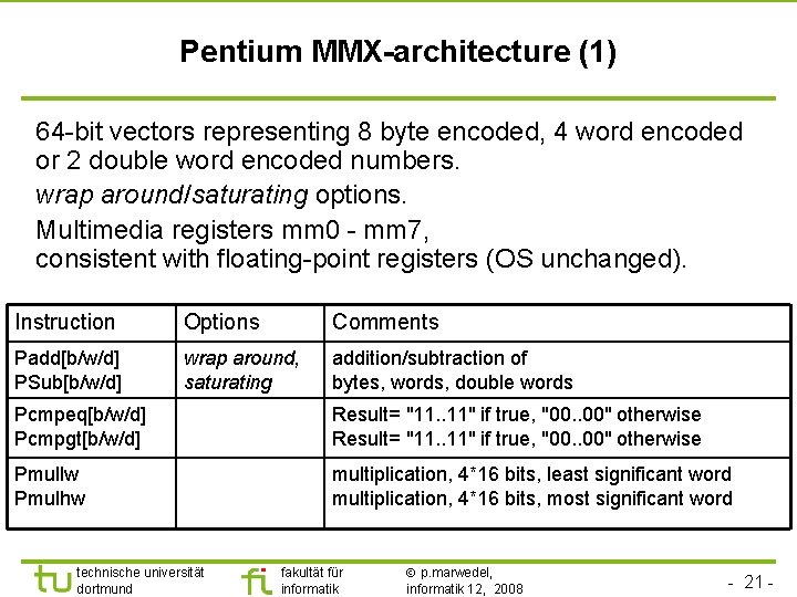 TU Dortmund Pentium MMX-architecture (1) 64 -bit vectors representing 8 byte encoded, 4 word