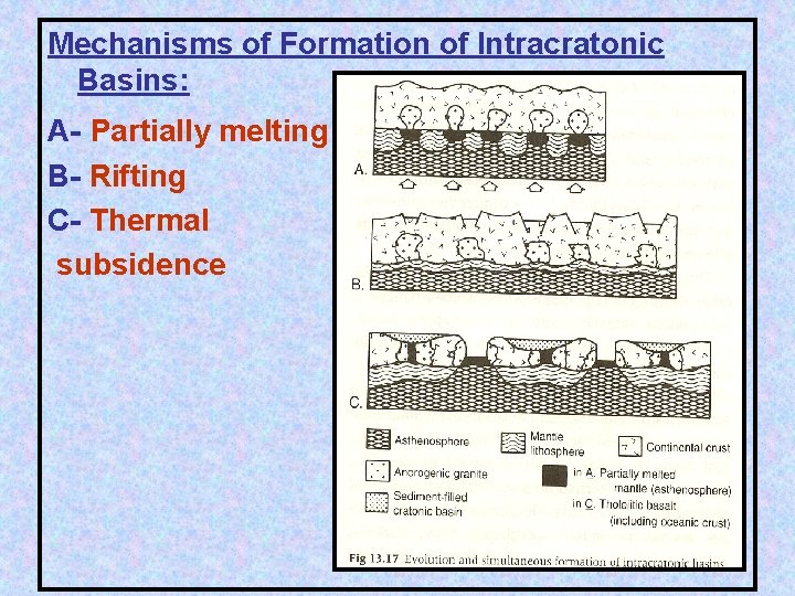 Mechanisms of Formation of Intracratonic Basins: A- Partially melting B- Rifting C- Thermal subsidence
