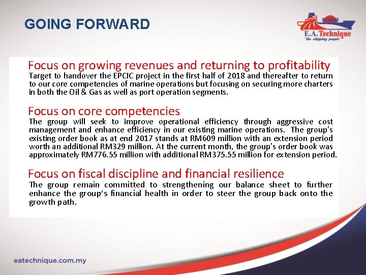 GOING FORWARD Focus on growing revenues and returning to profitability Target to handover the