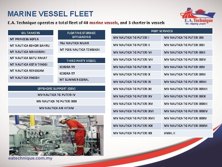 MARINE VESSEL FLEET E. A. Technique operates a total fleet of 40 marine vessels,