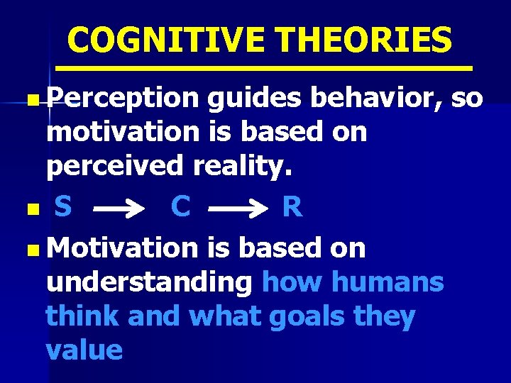 COGNITIVE THEORIES n Perception guides behavior, so motivation is based on perceived reality. n
