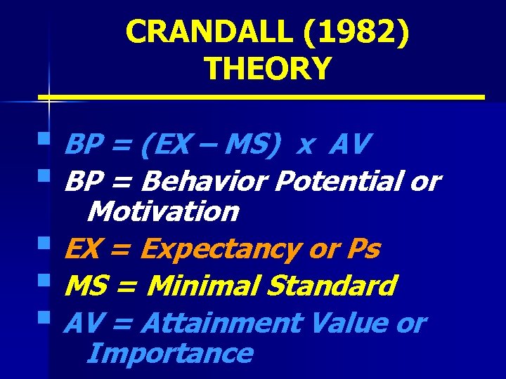 CRANDALL (1982) THEORY § BP = (EX – MS) x AV § BP =