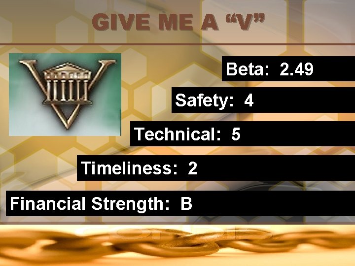 GIVE ME A “V” Beta: 2. 49 Safety: 4 Technical: 5 Timeliness: 2 Financial