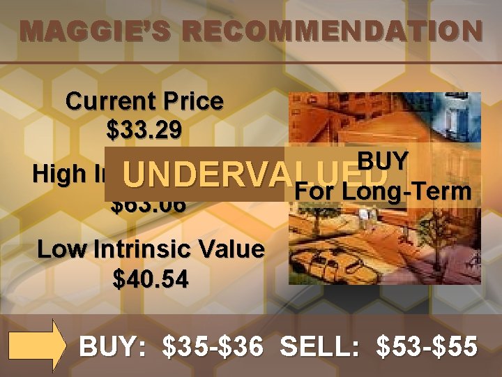 MAGGIE’S RECOMMENDATION Current Price $33. 29 BUY High Intrinsic Value UNDERVALUED For Long-Term $63.