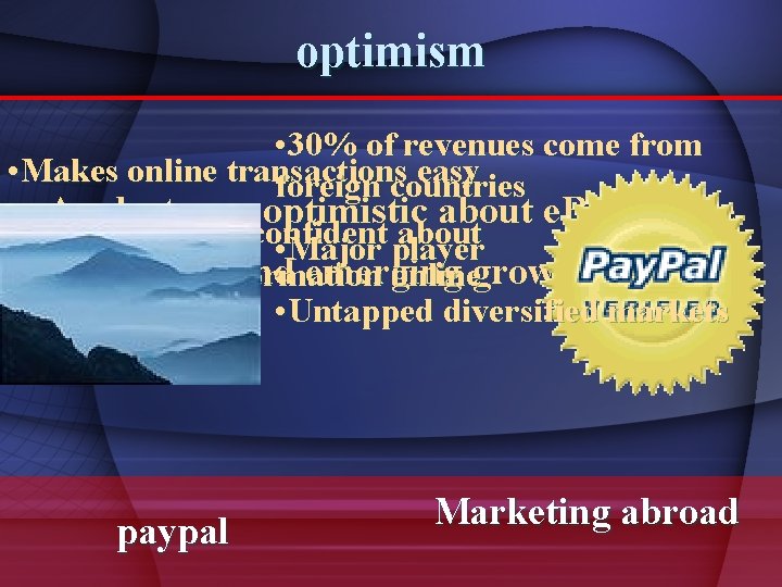 optimism • 30% of revenues come from • Makes online transactions easy foreign countries