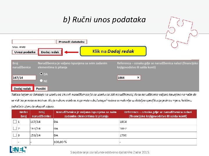 b) Ručni unos podataka Klik na Dodaj redak Savjetovanje za računovodstvene djelatnike Zadar 2015.