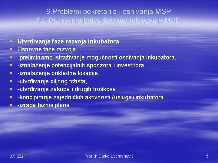 6. Problemi pokretanja i osnivanja MSP 6. 2. Biznis inkubatori kao model razvoja MSP