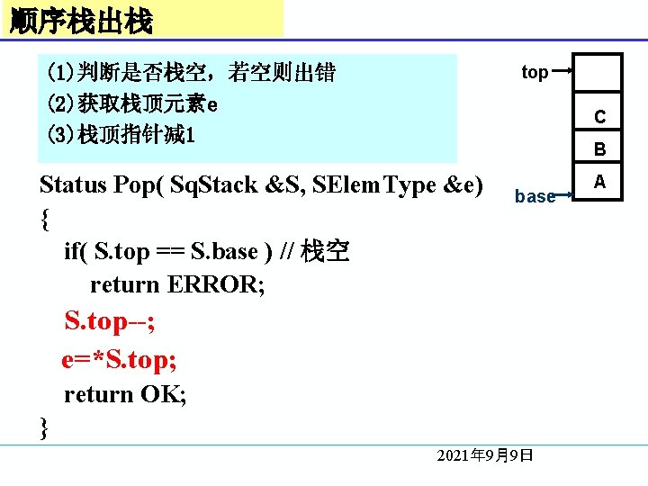 顺序栈出栈 (1)判断是否栈空，若空则出错 (2)获取栈顶元素e (3)栈顶指针减 1 top C B Status Pop( Sq. Stack &S, SElem.