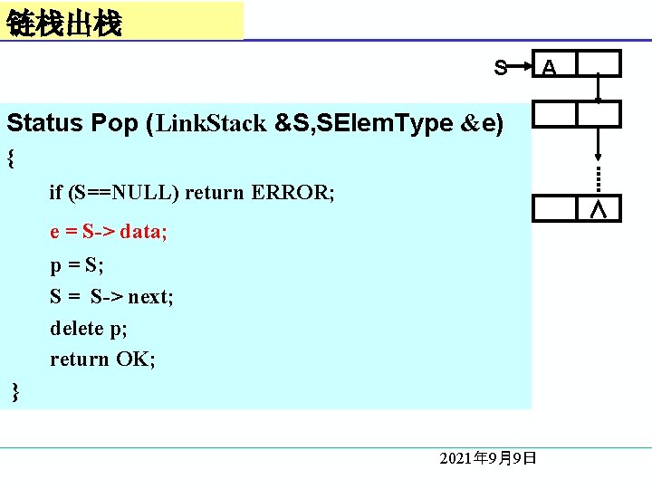 链栈出栈 S A Status Pop (Link. Stack &S, SElem. Type &e) { if (S==NULL)