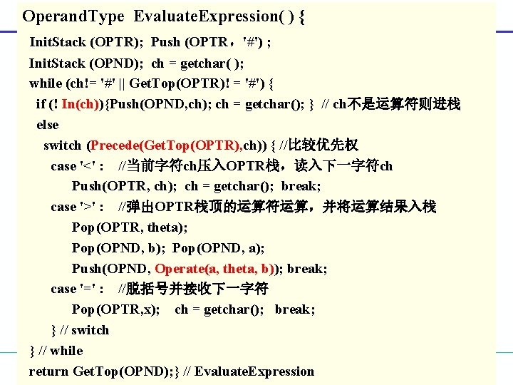 Operand. Type Evaluate. Expression( ) { Init. Stack (OPTR); Push (OPTR，'#') ; Init. Stack