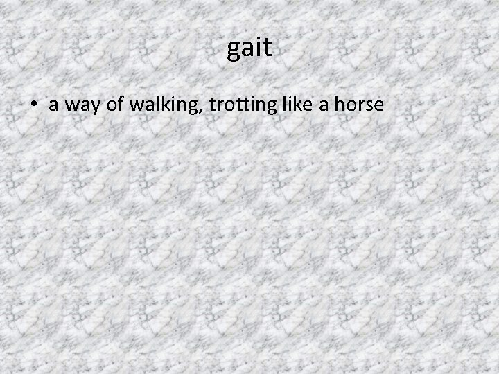 gait • a way of walking, trotting like a horse 