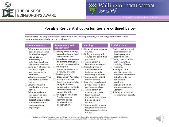 Possible Residential opportunities are outlined below 