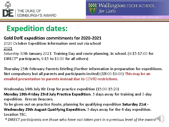 Expedition dates: Gold Dof. E expedition commitments for 2020 -2021 2020 October Expedition Information