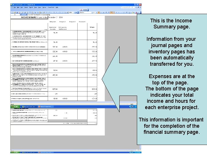 This is the Income Summary page. Information from your journal pages and inventory pages