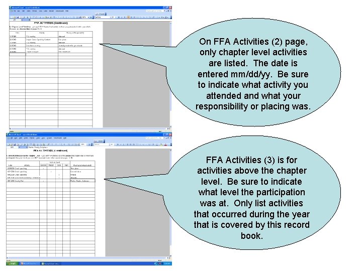 On FFA Activities (2) page, only chapter level activities are listed. The date is
