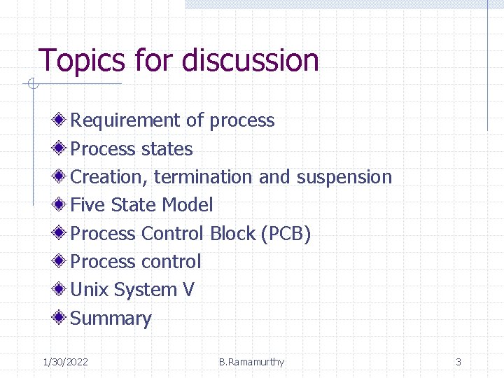 Topics for discussion Requirement of process Process states Creation, termination and suspension Five State