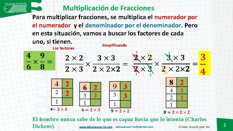 Multiplicación de Fracciones Para multiplicar fracciones, se multiplica el numerador por el numerador y