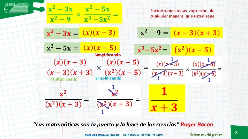 Factorizamos todas expresión, de cualquier manera, que usted sepa Simplificando Multiplicando Simplificando “Las matemáticas