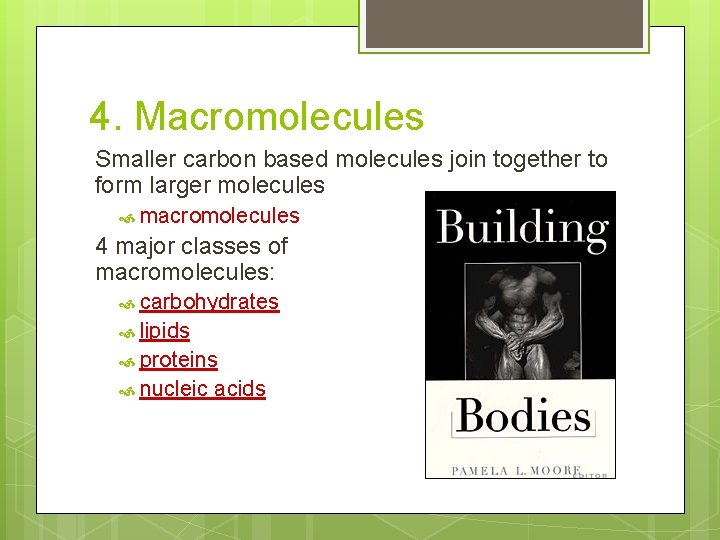 4. Macromolecules Smaller carbon based molecules join together to form larger molecules macromolecules 4
