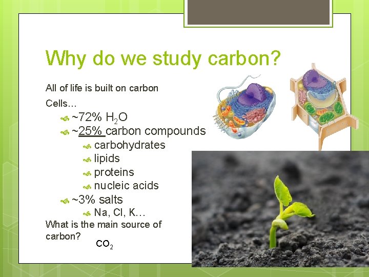 Why do we study carbon? All of life is built on carbon Cells… ~72%