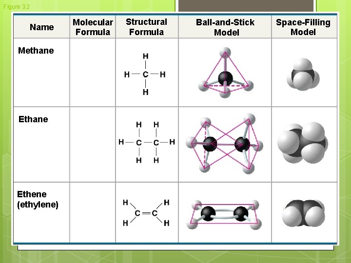 Figure 3. 2 Name Methane Ethene (ethylene) Molecular Formula Structural Formula Ball-and-Stick Model Space-Filling