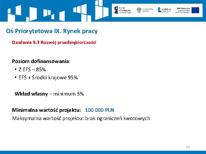 Oś Priorytetowa IX. Rynek pracy Działanie 9. 3 Rozwój przedsiębiorczości Poziom dofinansowania: • Z