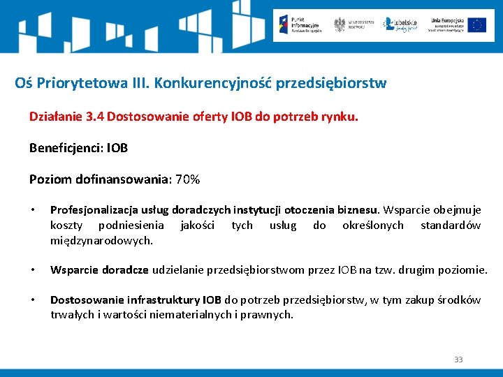 Oś Priorytetowa III. Konkurencyjność przedsiębiorstw Działanie 3. 4 Dostosowanie oferty IOB do potrzeb rynku.
