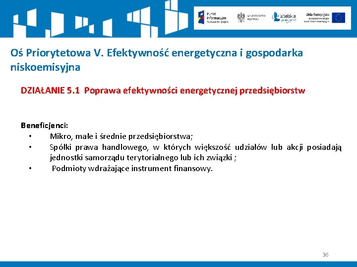 Oś Priorytetowa V. Efektywność energetyczna i gospodarka niskoemisyjna DZIAŁANIE 5. 1 Poprawa efektywności energetycznej