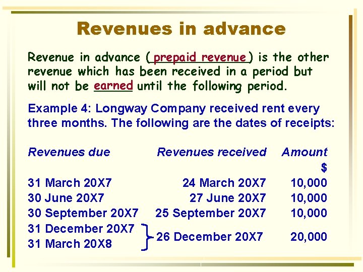 Revenues in advance Revenue in advance (_______) prepaid revenue is the other revenue which